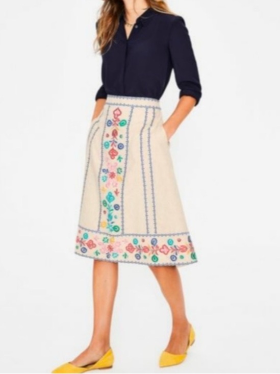 Boden Dresses & Skirts - Boden Women's Size 8P Brooke Embroidered Cream Floral Midi Skirt Linen Blend